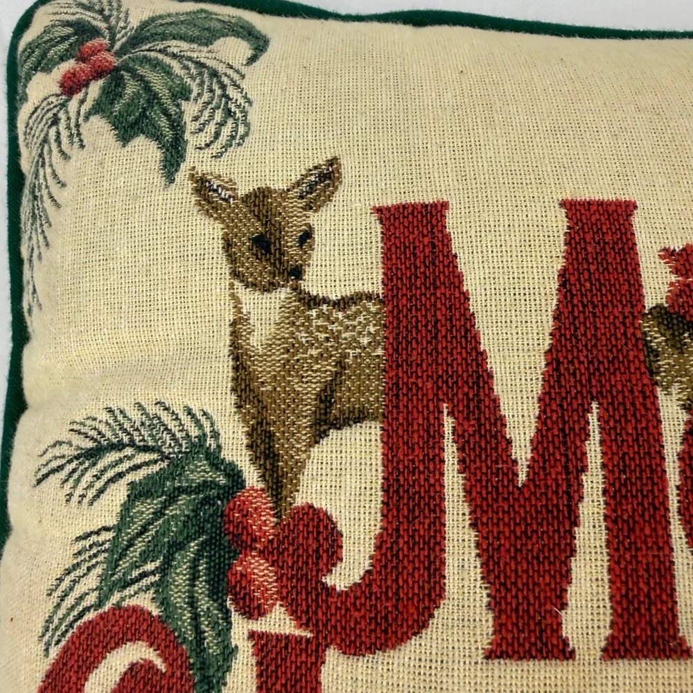 Riverdale Merry Christmas Tapestry Throw Pillow Santa Deer Woven Green Back USA